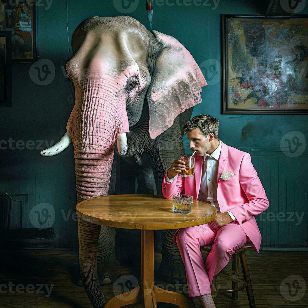 Unconventional Encounter Drunk Man Sharing a Drink with a Pink Elephant in a Bar - Generative AI Art photo