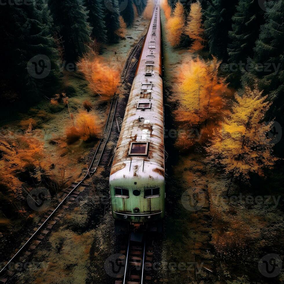 Aerial View of Rusty Train in Untamed Forest. Generative ai. photo