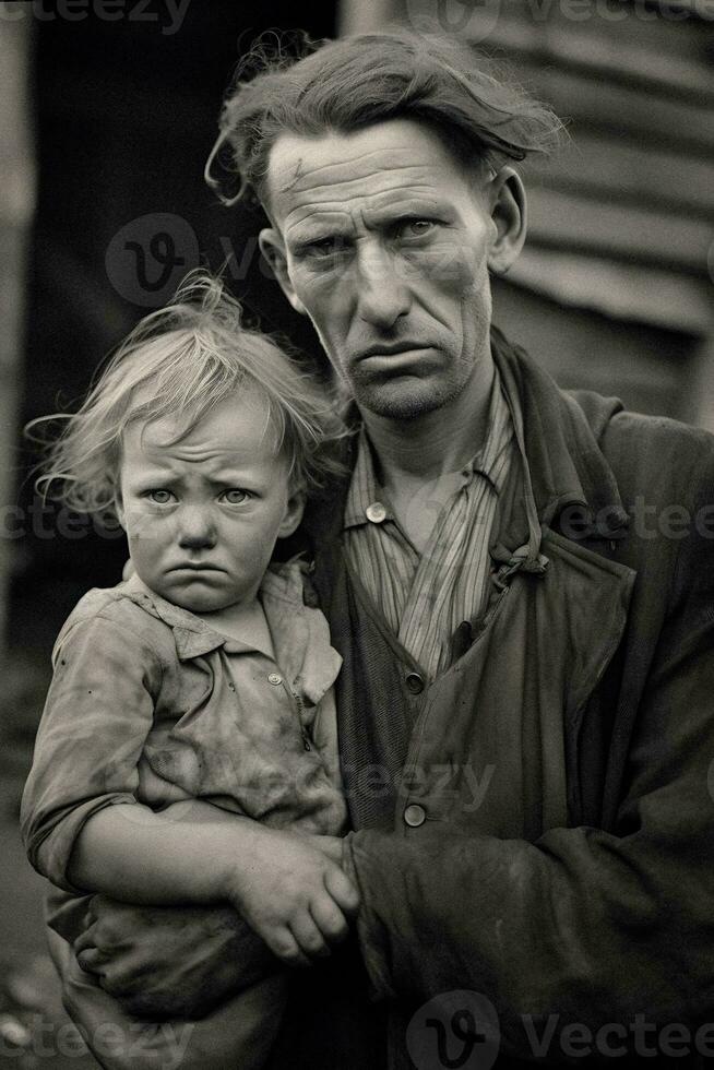 Vintage BW Photo Poor Man and Child in Great Depression. Generative AI.