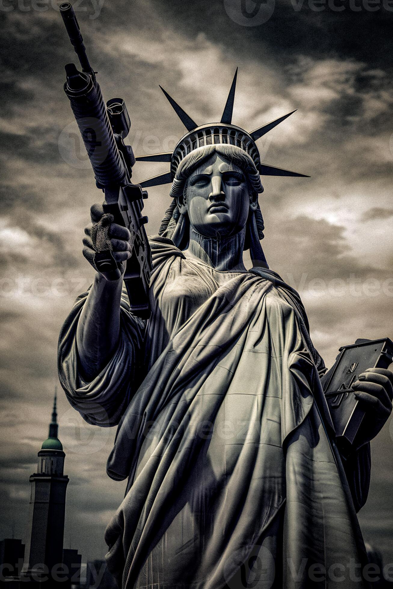 Statue of Liberty with Submachine Gun Symbolizing America's Complex