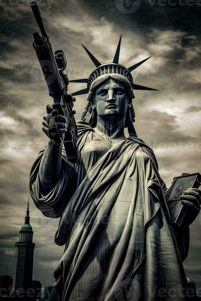 estatua de libertad con metralleta pistola simbolizando de america complejo relación con armas de fuego y libertad. generativo ai. foto