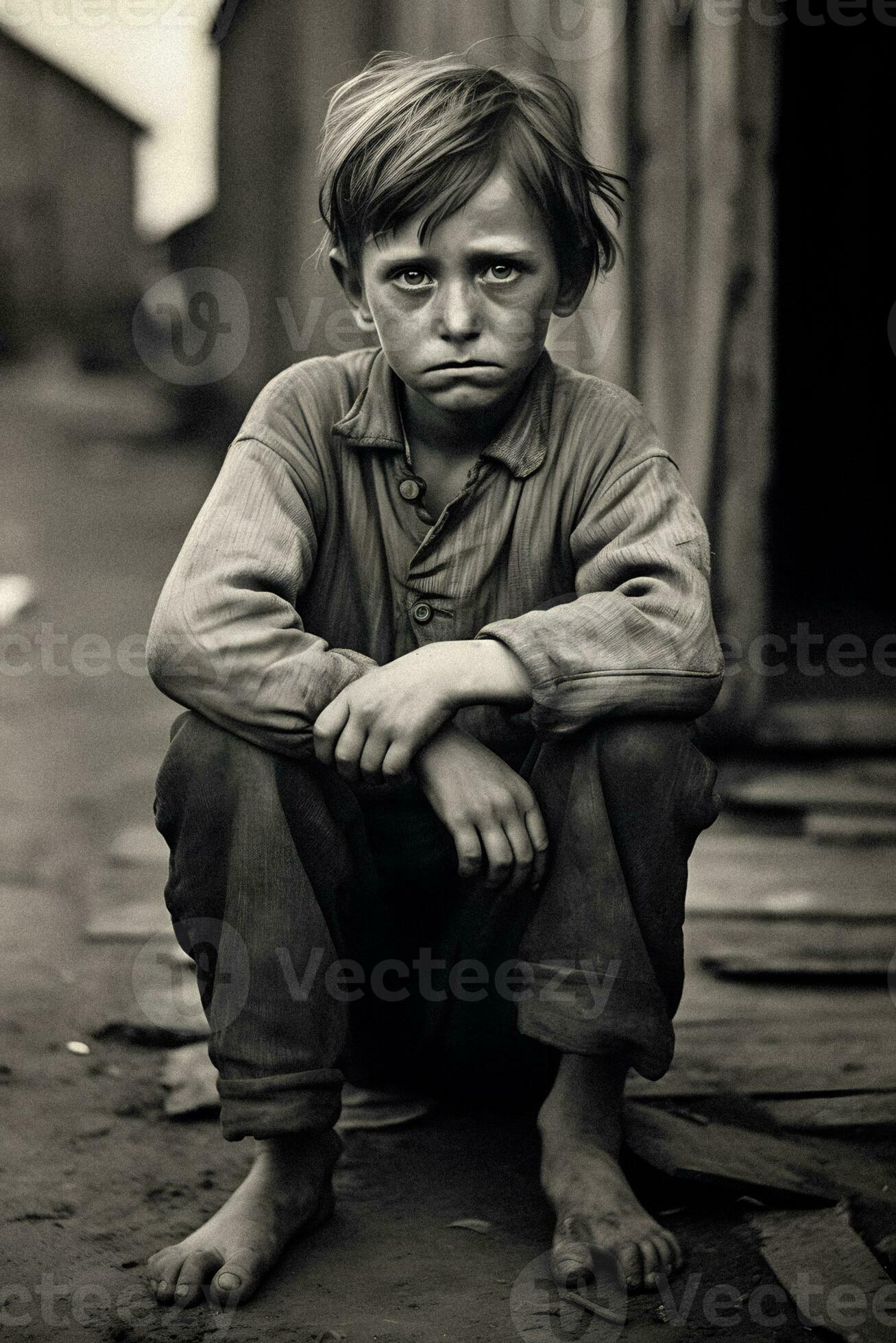 Vintage BW Photo Poor Boy Amidst the Great Depression. Generative AI.  32433577 Stock Photo at Vecteezy