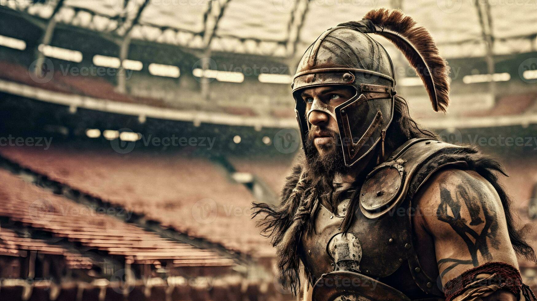Modern Viking Gladiator at an American Football Stadium. Generative ai. photo
