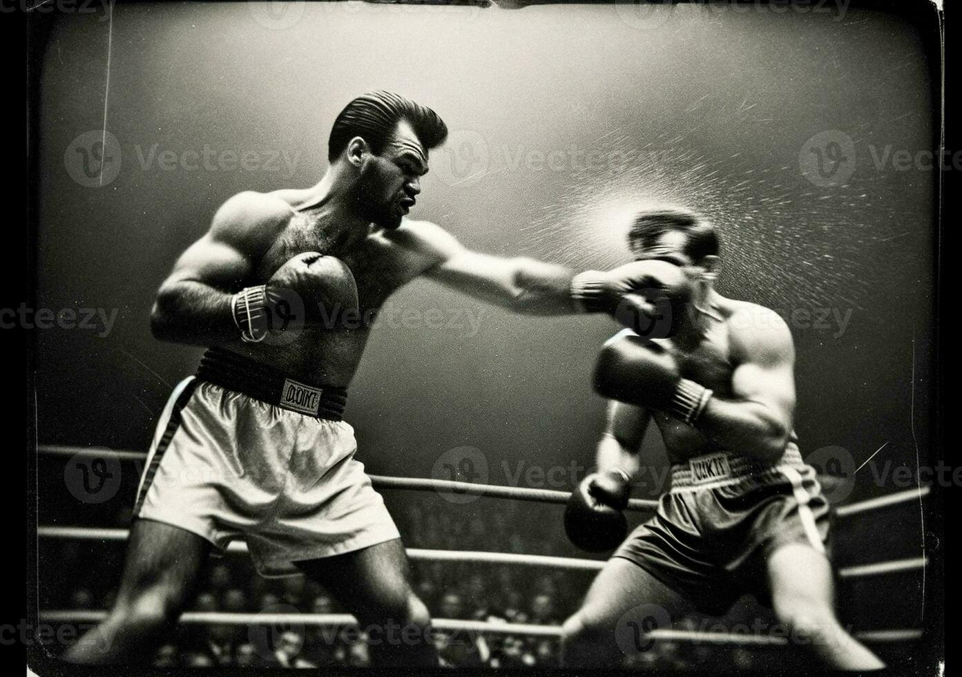 histórico negro y blanco de peso pesado boxeo fósforo, generado por ai poder puñetazo foto