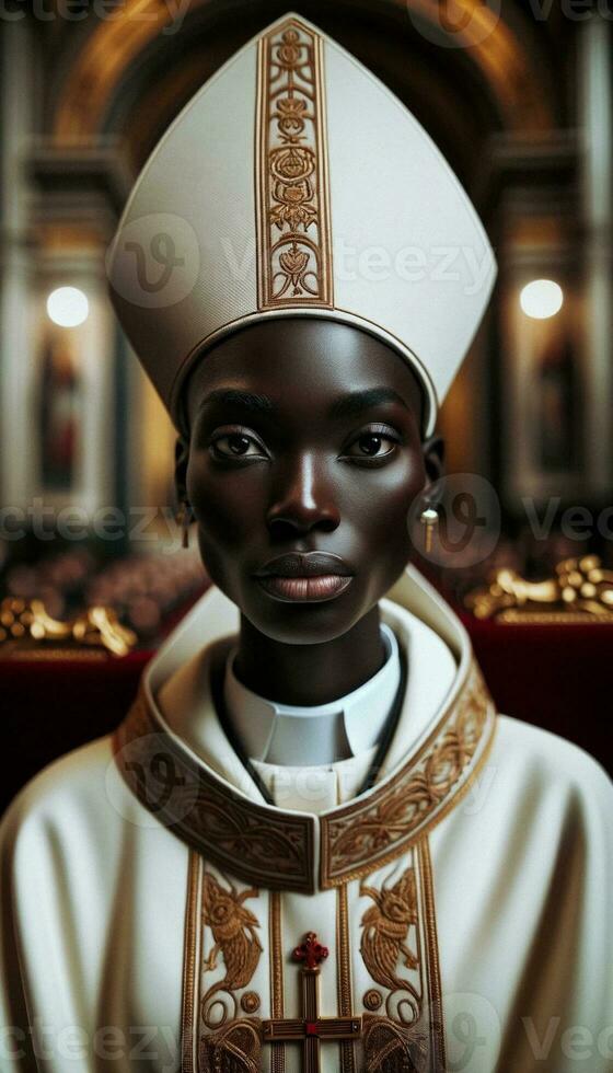 A Young Beautiful Black Woman in Catholic Attire - Symbolizing Evolution and Feminism. Generative AI. photo