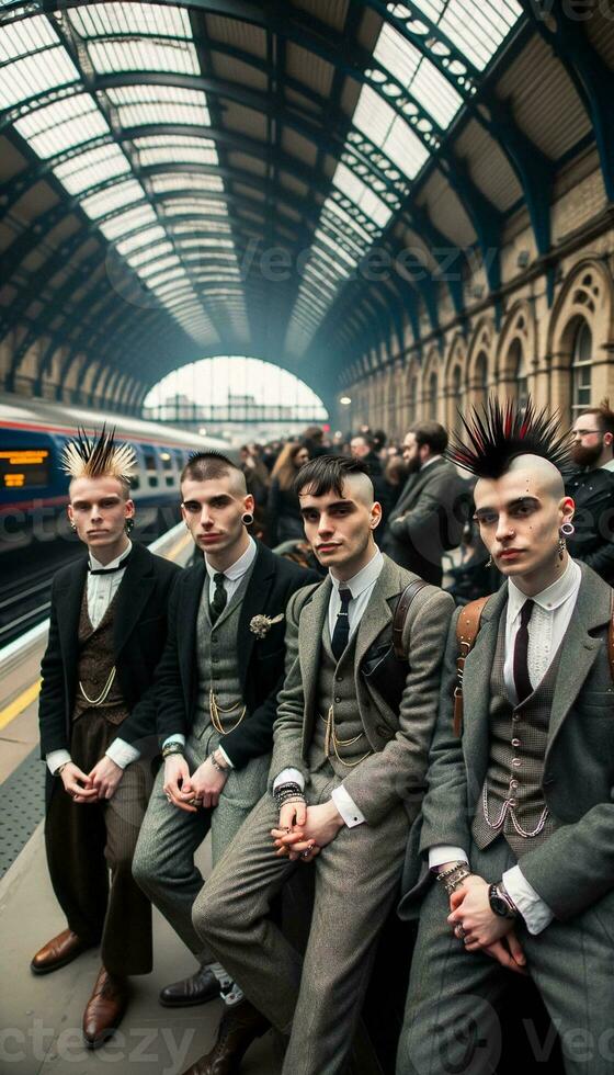 Punk-inspired youths in vintage suits await a train. Generative AI. photo