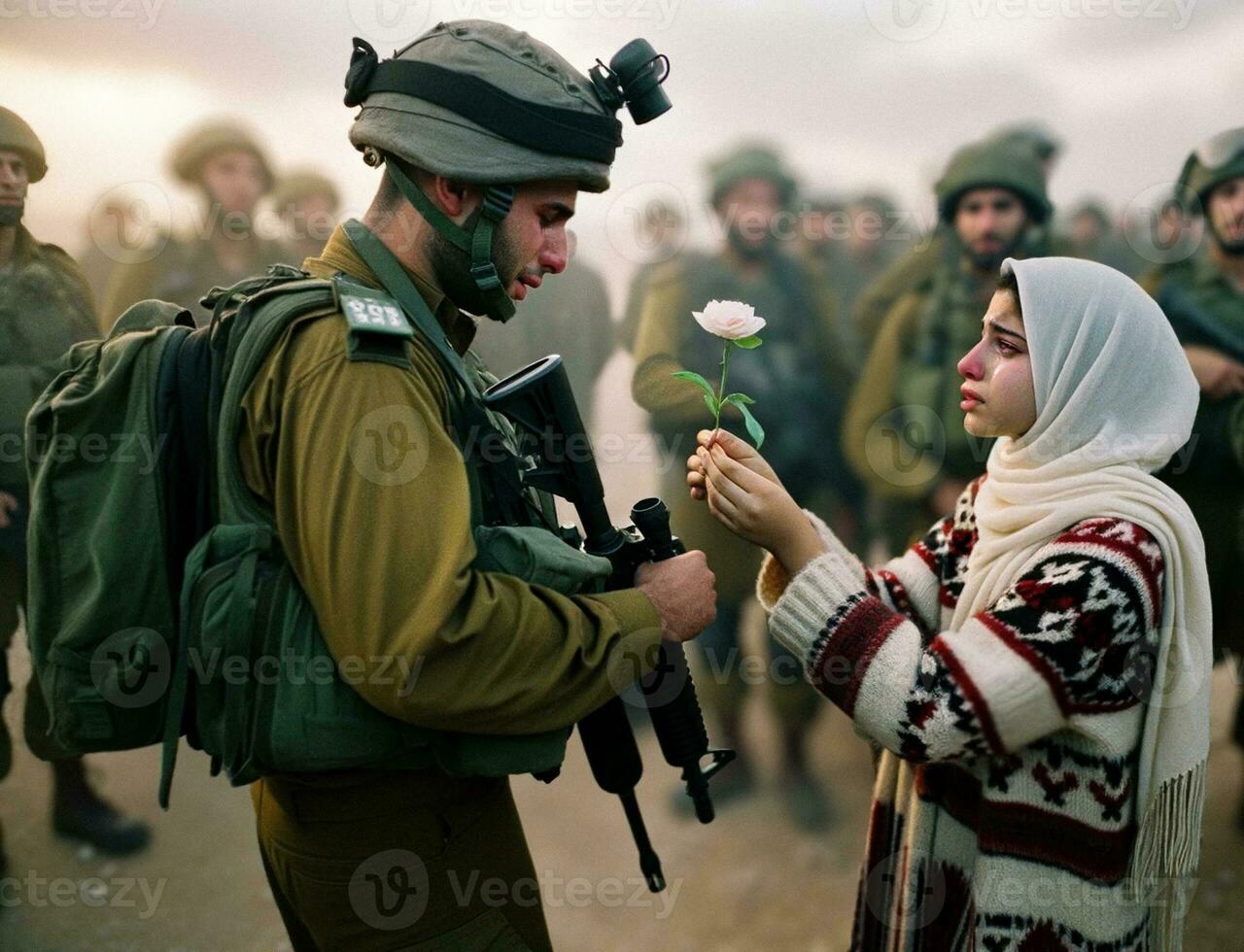 Palestinian Woman Offering Peace Flower to Israeli Soldier. Generative AI. photo