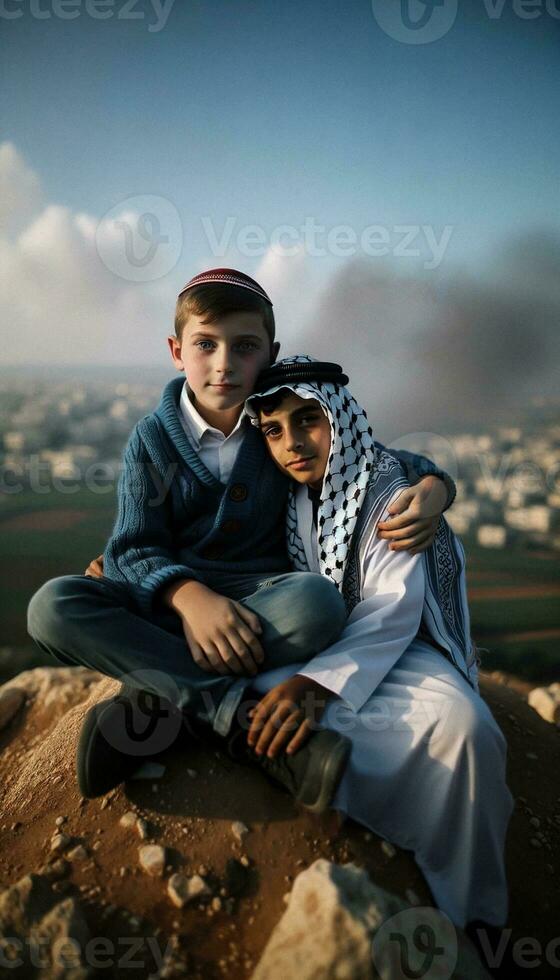 Symbol of Friendship Jewish and Palestinian Teens United for Peace. Generative ai. photo