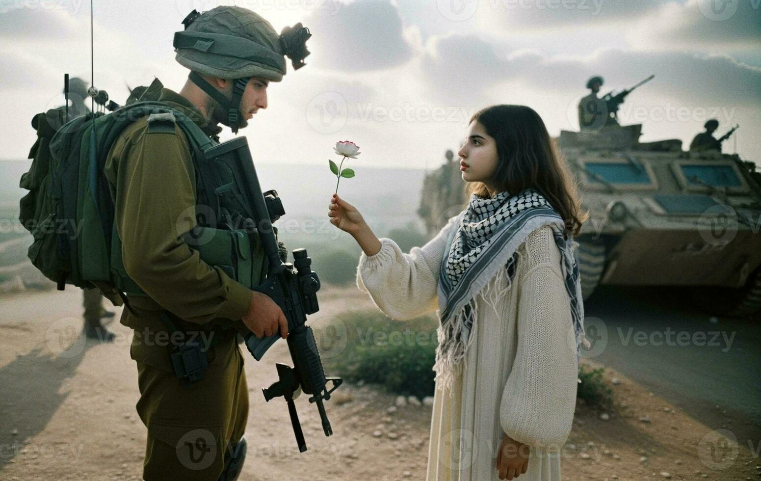 Palestinian Woman Offering Peace Flower to Israeli Soldier. Generative AI. photo