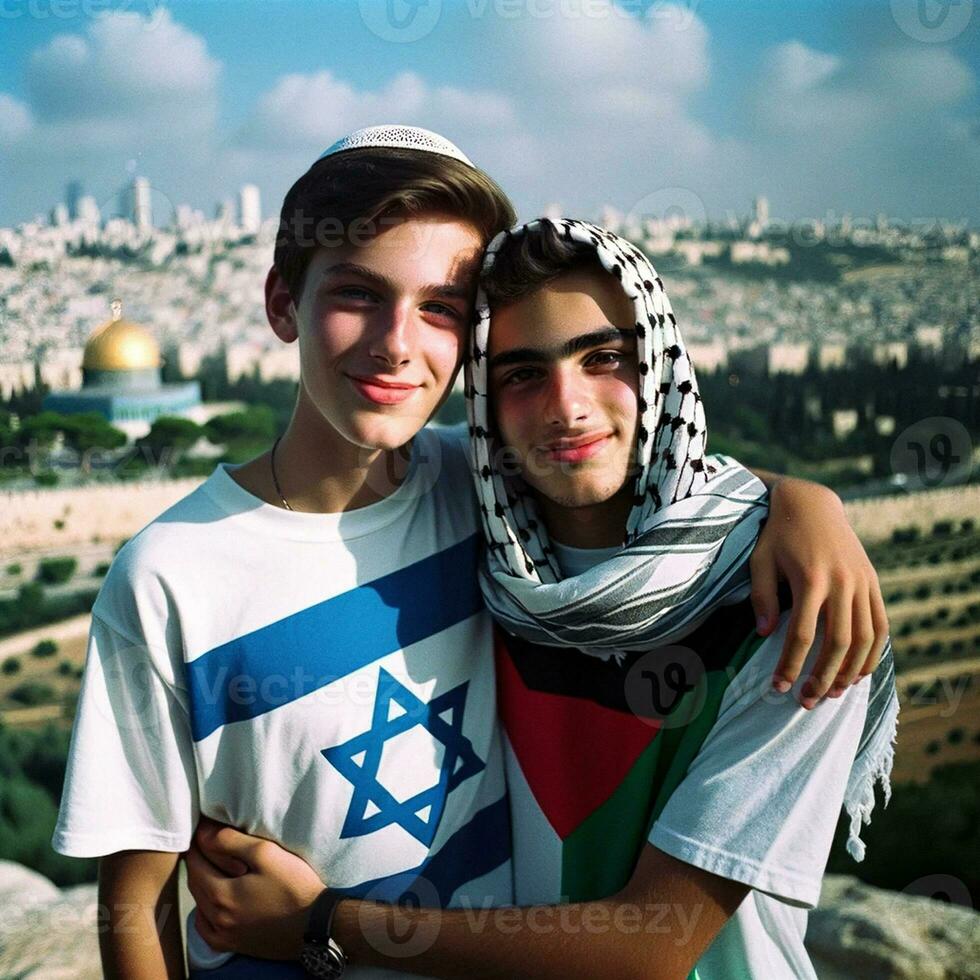 Israeli and Palestinian Teenage Friends in Jerusalem. Generative AI. photo