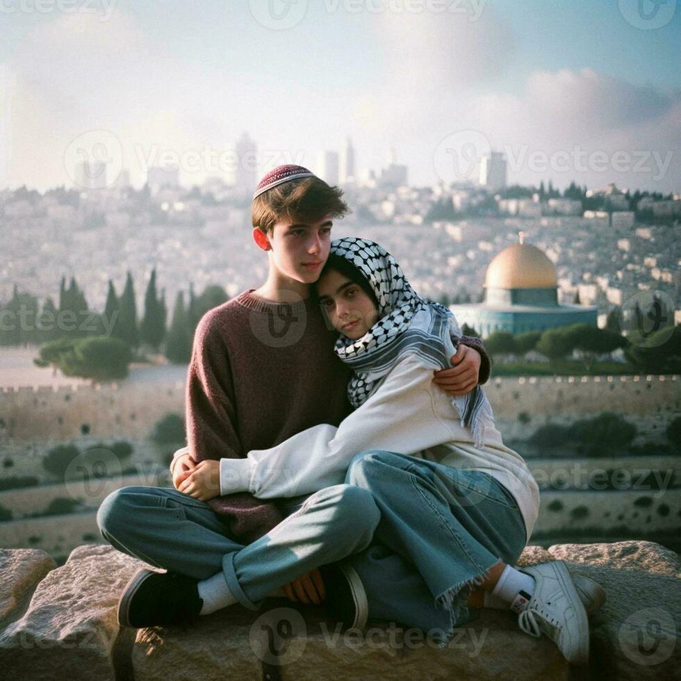 joven Pareja en amor símbolo de paz y reconciliación en Jerusalén. generativo ai. foto