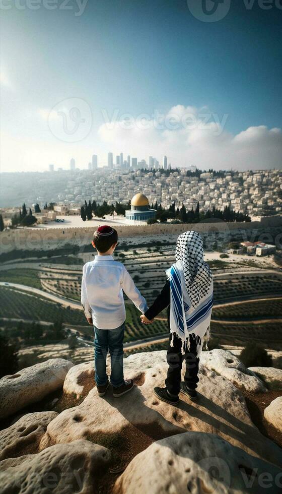 Symbol of Peace Jewish and Palestinian Friends in Jerusalem. Generative ai photo