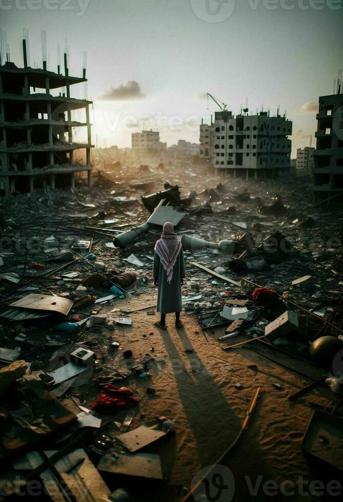 Solitary Man in War-Torn Arab City. Generative ai photo