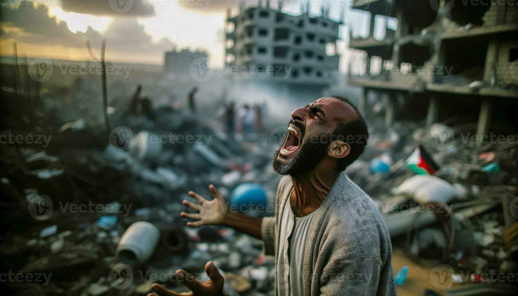 solitario hombre en devastado por la guerra árabe ciudad. generativo ai foto