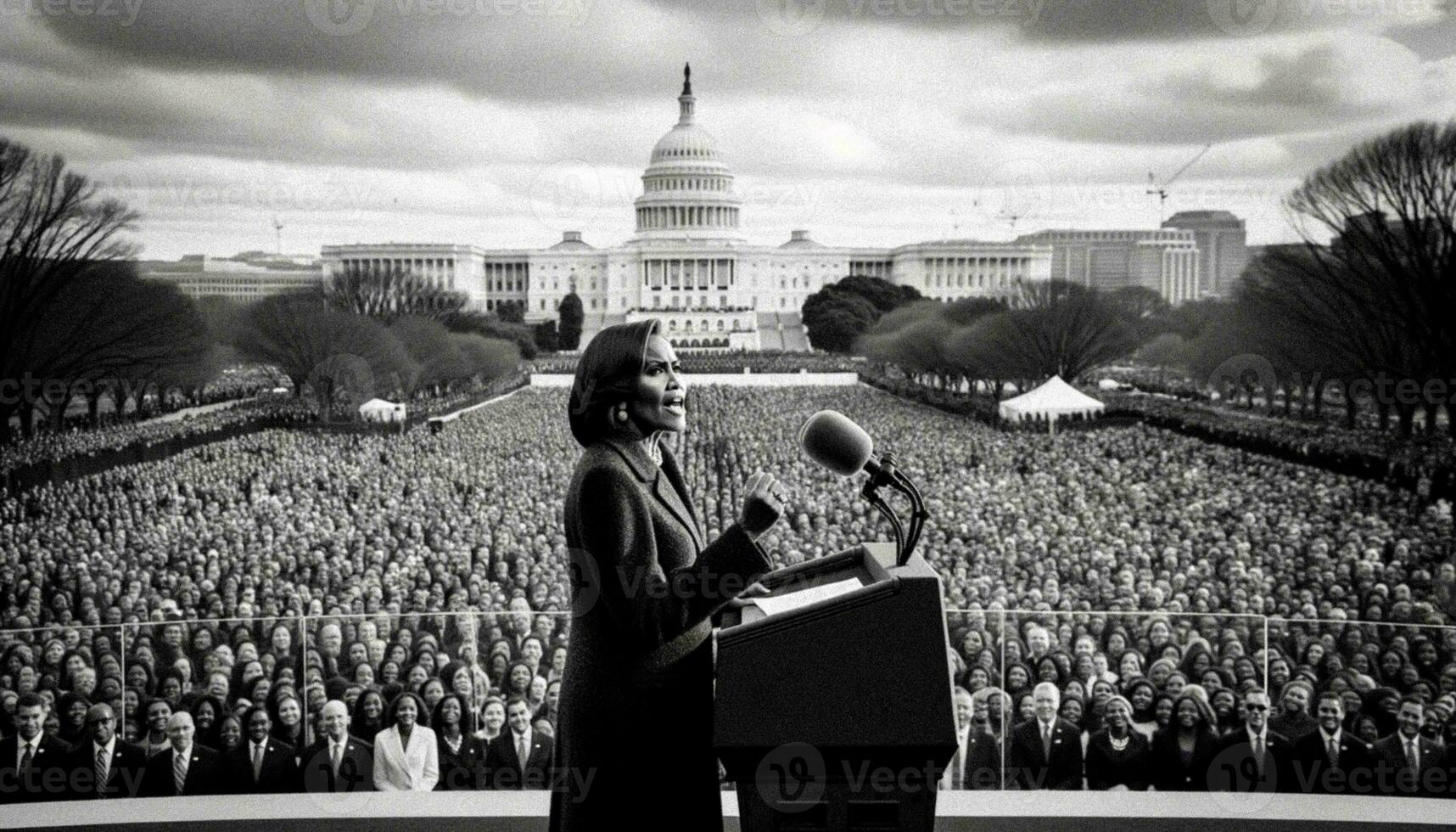 Inaugural Address at the Capitol by the First Black Female President of the United States. Generative AI. photo