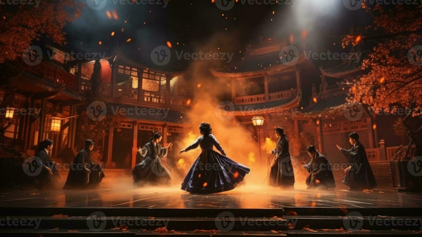 Chinese Yi ethnic dancers perform on stage at Jinsha theater. photo
