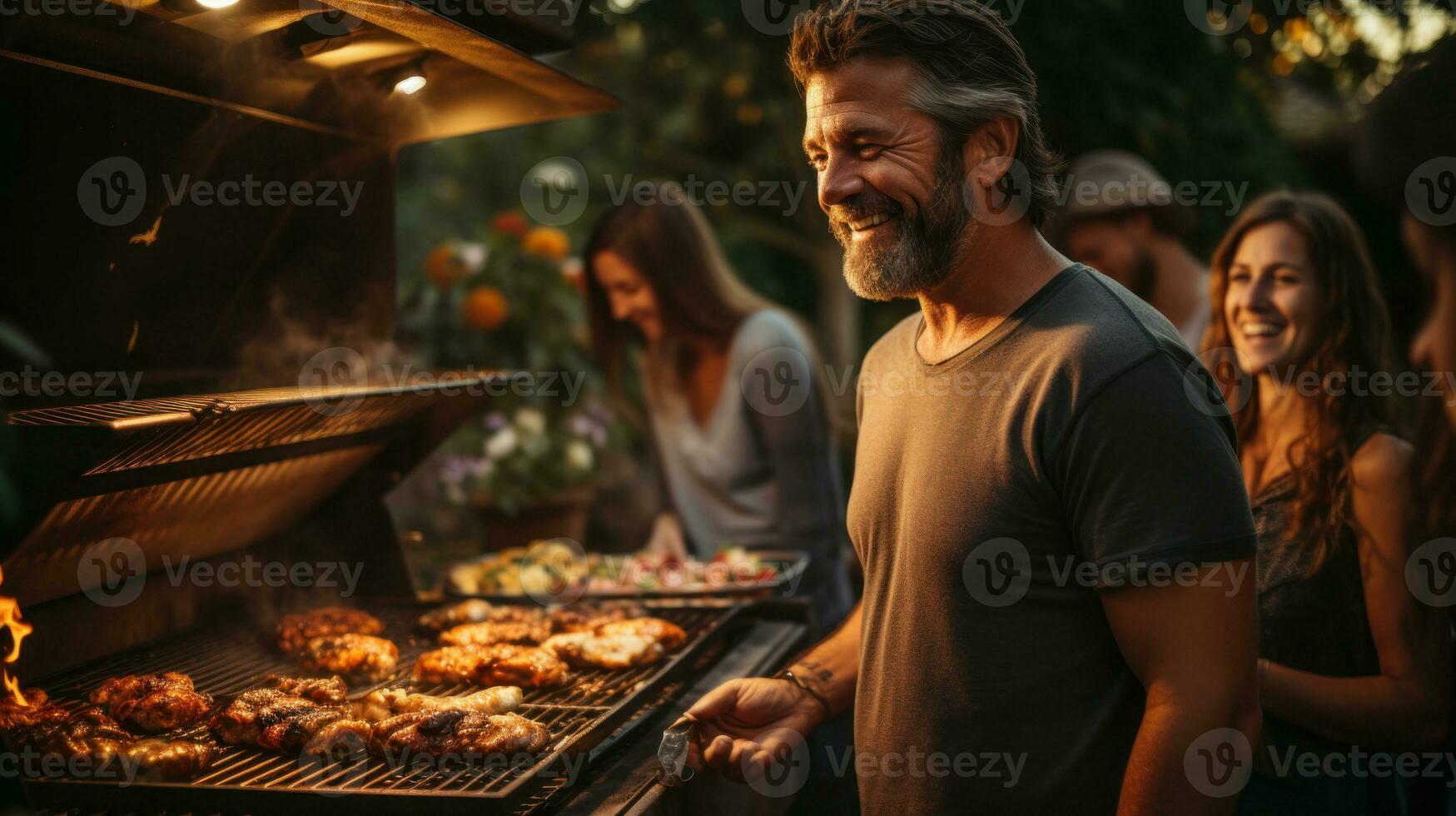 grupo de amigos teniendo parilla fiesta en el jardín. personas gasto hora al aire libre. foto