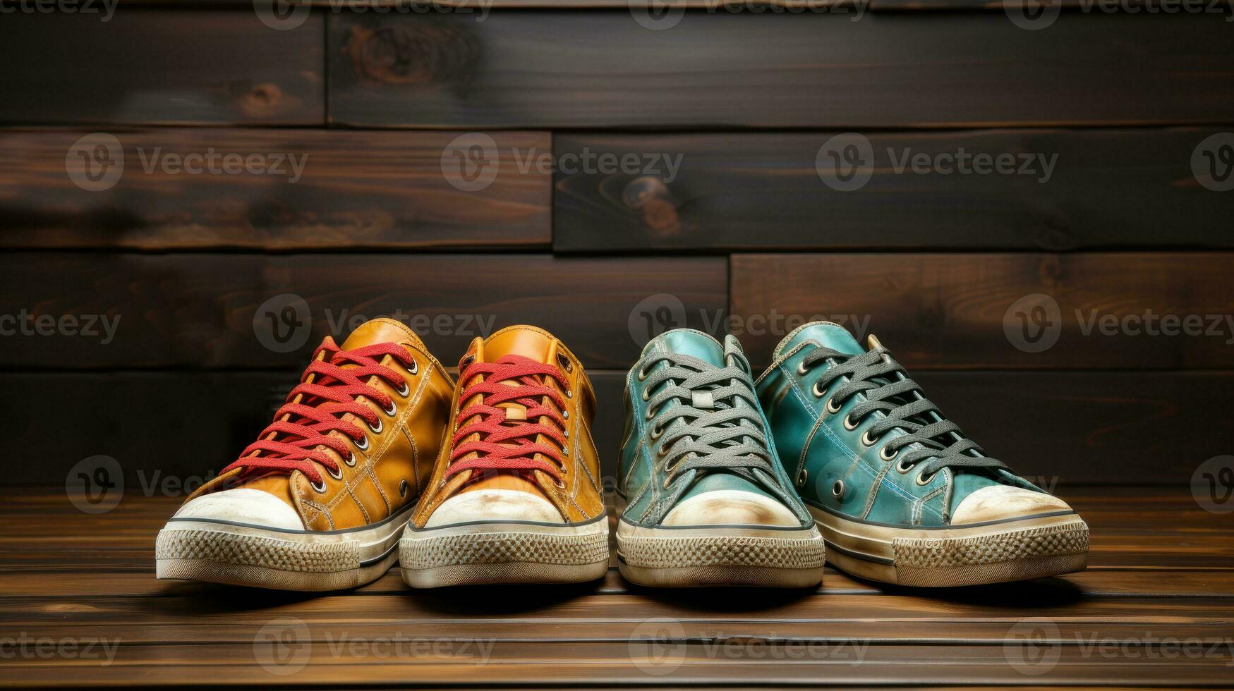 Two pairs of used men's sneakers shoes on a wooden background. photo