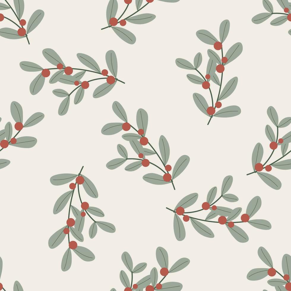 Christmas seamless pattern decorative branch with leaves and red berries. Perfect for seasonal gift paper, textile, celebration design vector