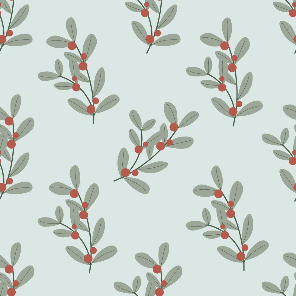 Christmas seamless pattern decorative branch with leaves and red berries. Perfect for seasonal gift paper, textile, celebration design vector