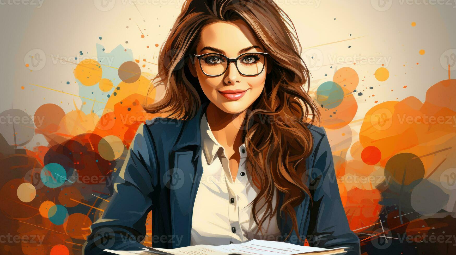 Illustration of a beautiful accountant woman  in glasses doing tax, sitting at office desk with documents. photo