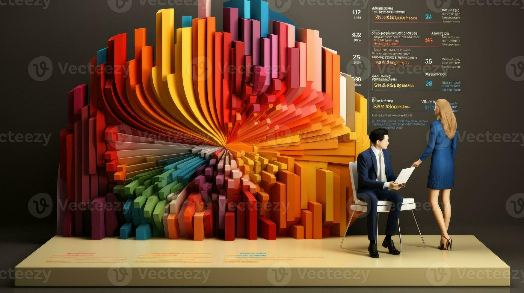 Businessman and businesswoman standing on abstract colorful background. Teamwork concept. 3D Rendering photo