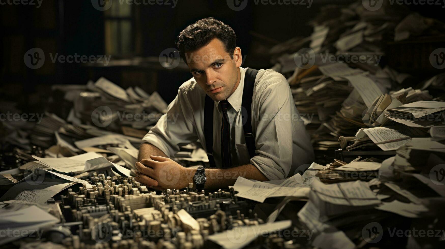 Retro photo of banker in his office with mess of papers.