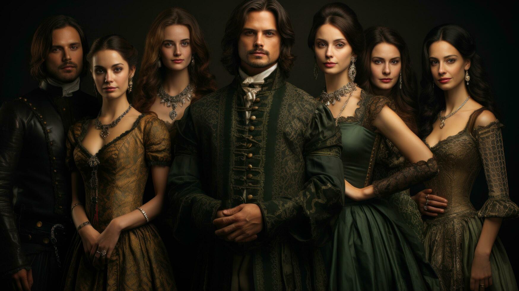 Group of young people in medieval clothes posing on dark background. Fashion shot. photo