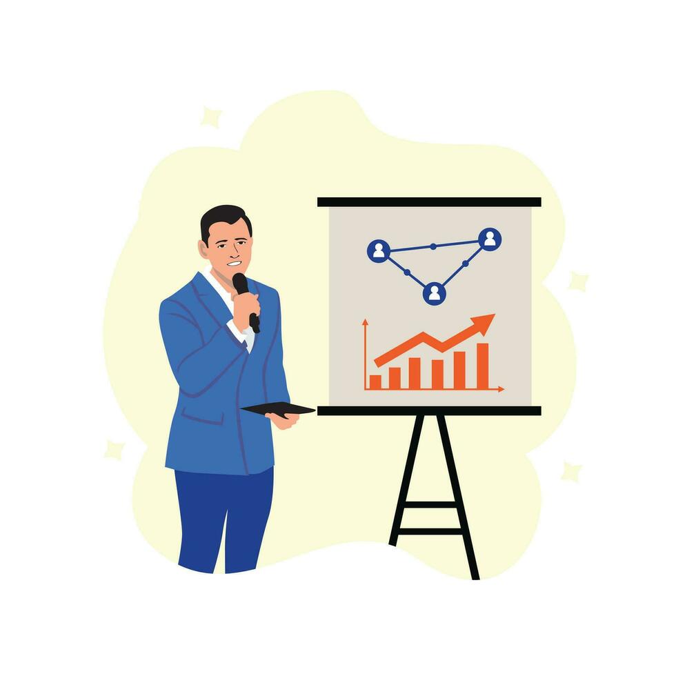 Businessman presenting graph on whiteboard. Flat style vector illustration.