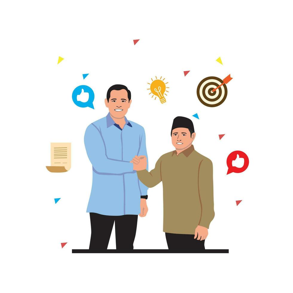 Businessman shaking hands with his colleague. Vector illustration in flat style.