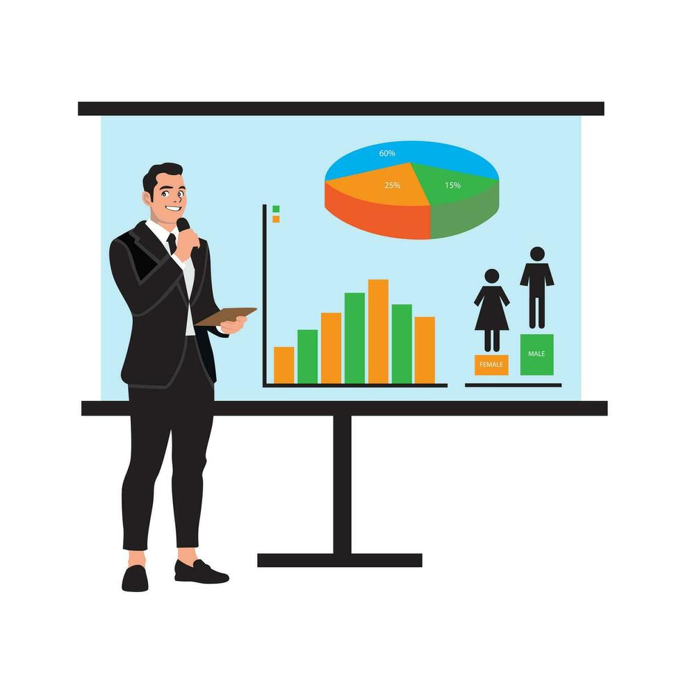 Businessman on presentation board. Vector illustration in flat cartoon style.