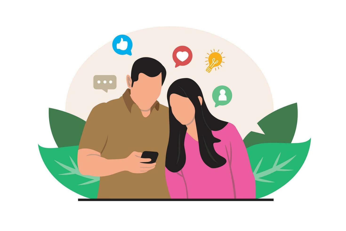 Social media concept. Man and woman using mobile phone. Vector flat illustration