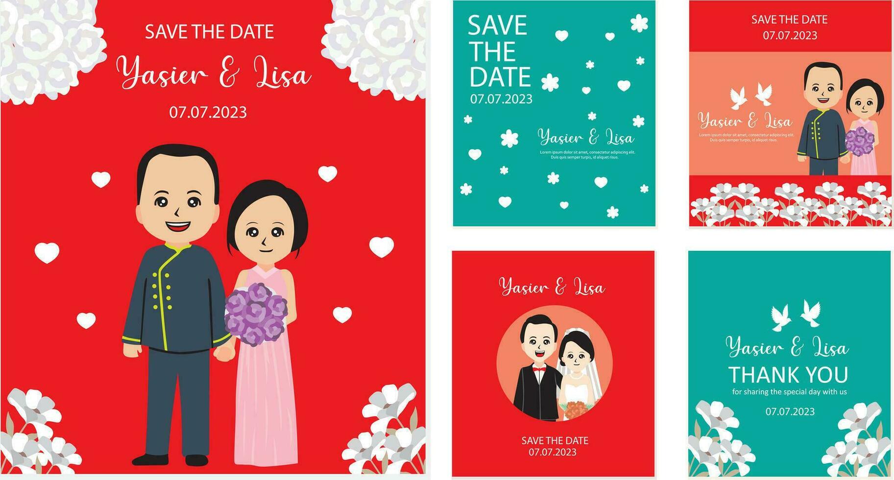 Boda invitación tarjetas con linda dibujos animados novia y novio. vector ilustración