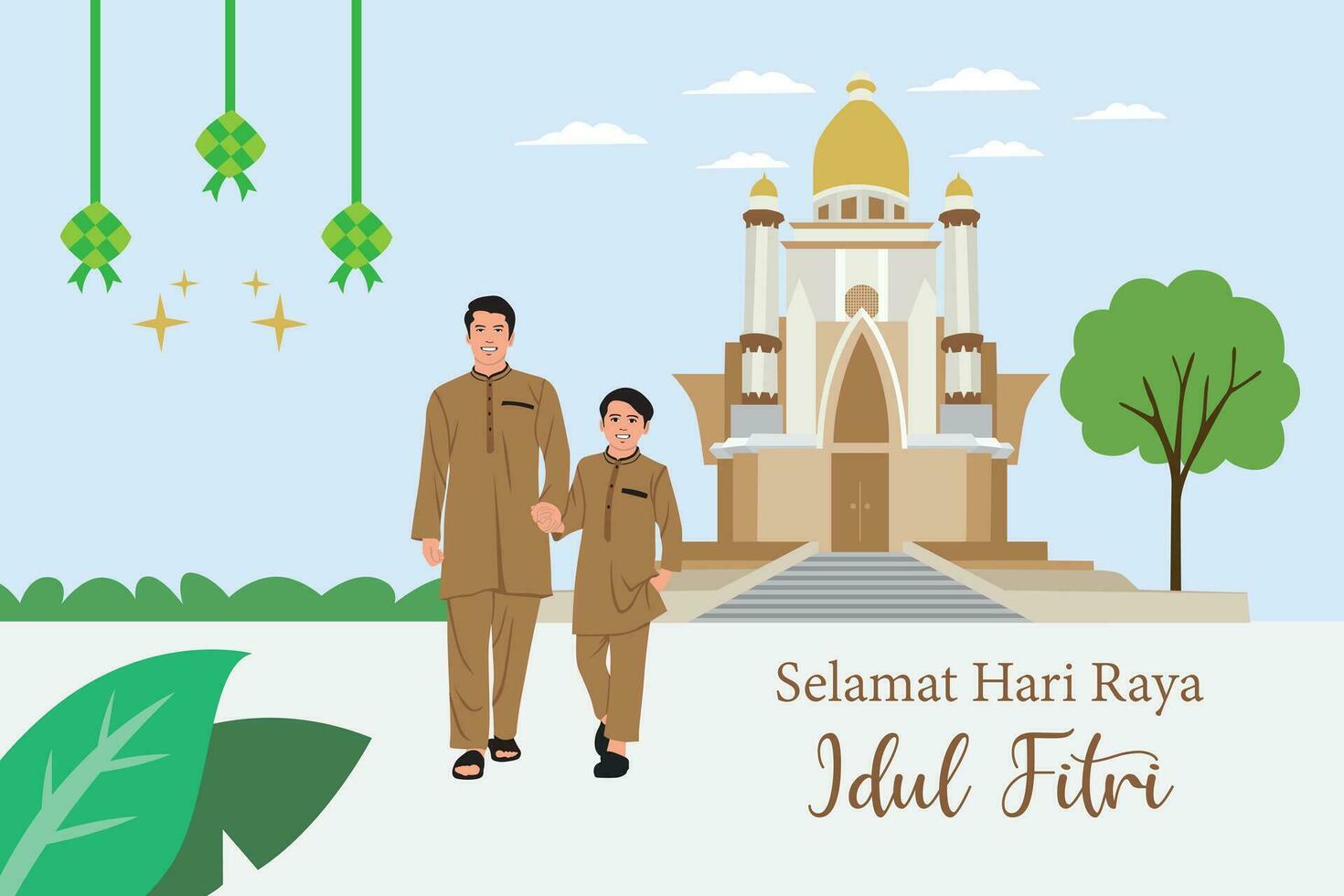 Vector illustration of Eid Mubarak greeting card with muslim man and boy in traditional clothes.