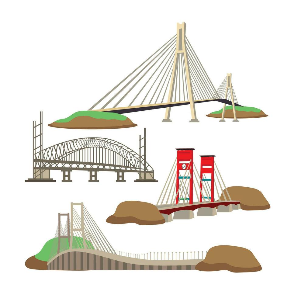Suspension bridge set. Cartoon illustration of suspension bridge vector for web design