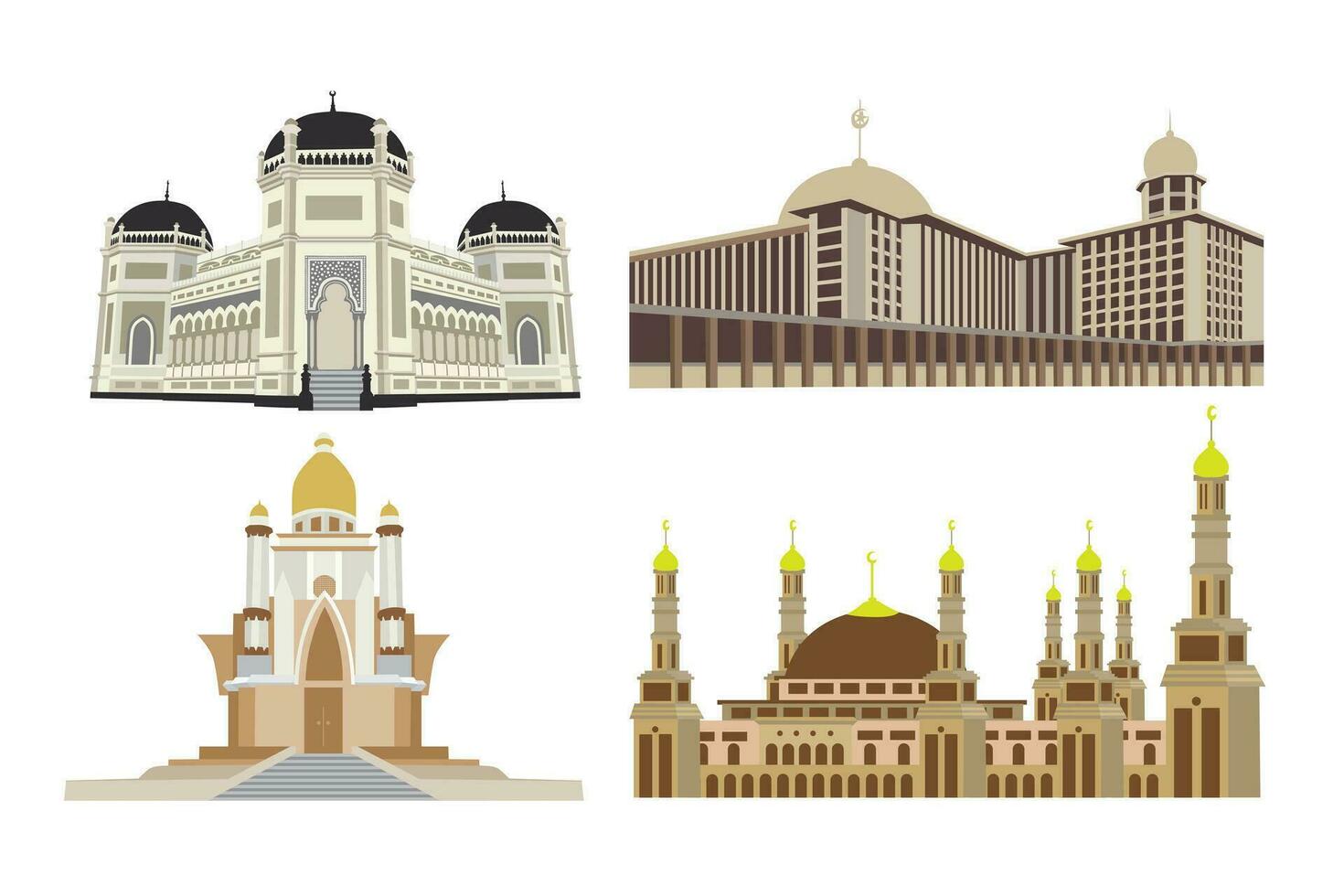 Set of famous mosque landmarks. Vector illustration isolated on white background.