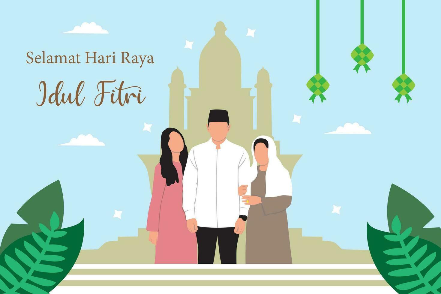 Happy Eid al-Fitr greeting card with Muslim family. Vector illustration.