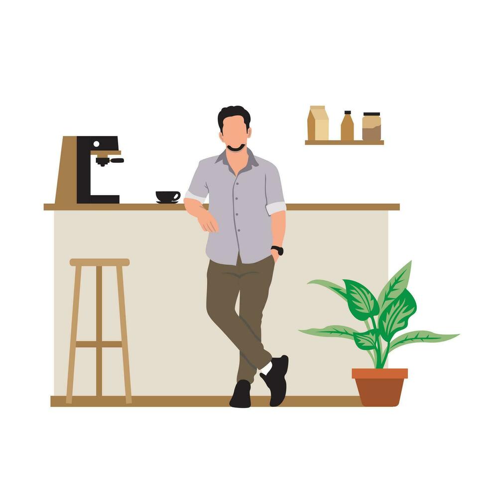 café comercio, barista con un taza de café. vector ilustración en plano estilo