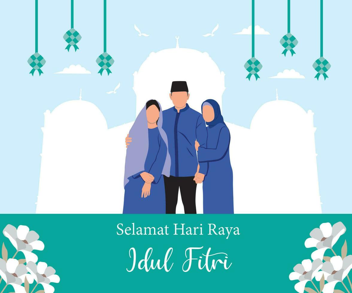 Eid al-Fitr greeting card with Muslim couple in traditional clothes. vector