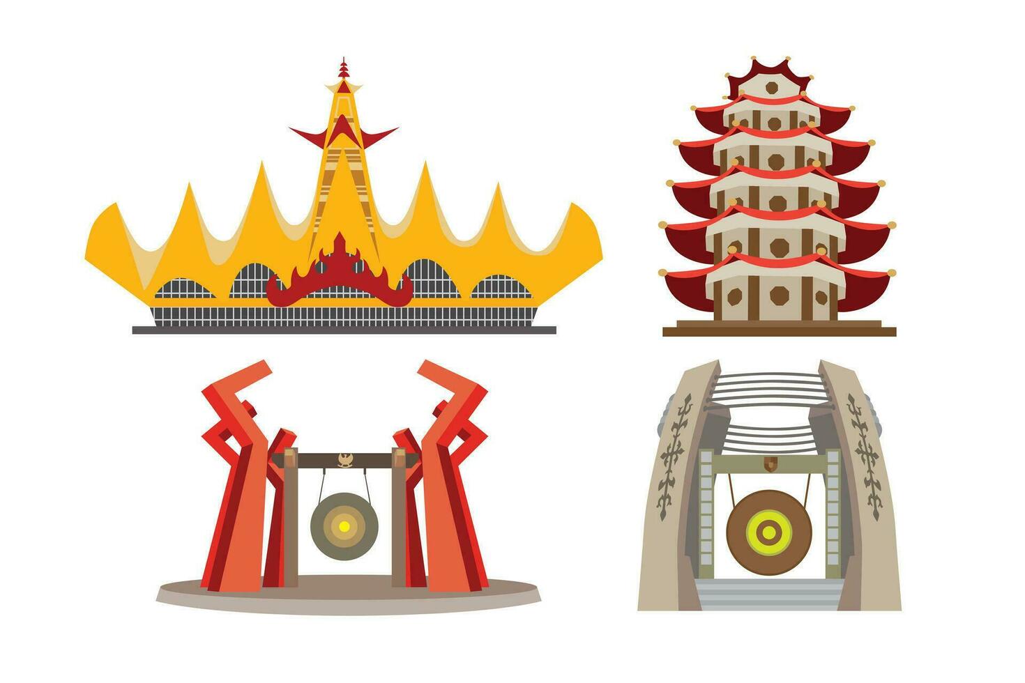 chino templos y pagodas colocar. vector ilustración en plano estilo