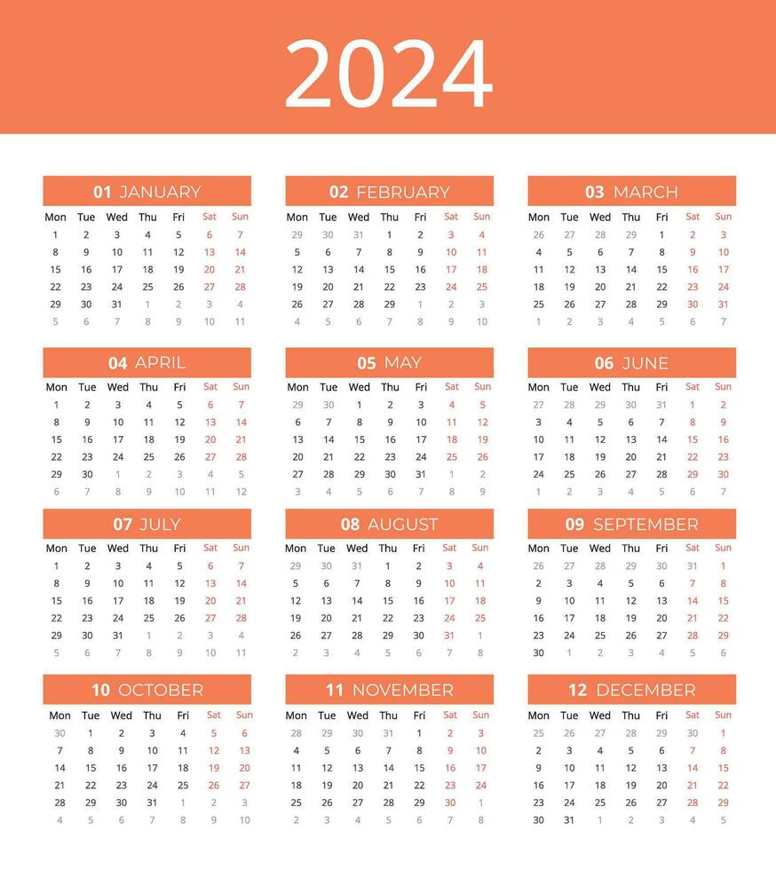 Calendar for 2024, Calendar 2024 week starting Monday, Simple and professional Vector 2024 Calendar template to make your new year planning easy.