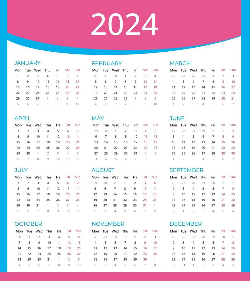 calendario 2024 semana comenzando lunes, vector 2024 calendario modelo a hacer tu nuevo año planificación fácil.