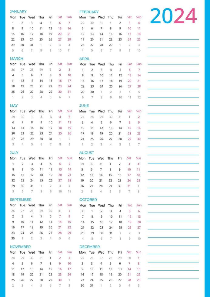 calendar for 2024, Vertical Pink Blue Calendar 2024 week starting Monday, Vector 2024 Calendar template to make your new year planning easy