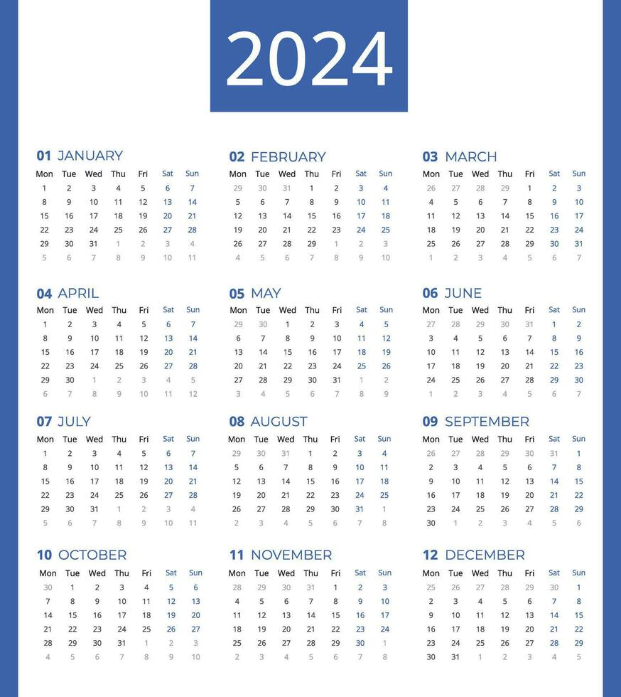 calendar for 2024, Calendar 2024 week starting Monday, Simple and  professional 2024 Calendar template to make your new year planning easy.  32434151 Vector Art at Vecteezy