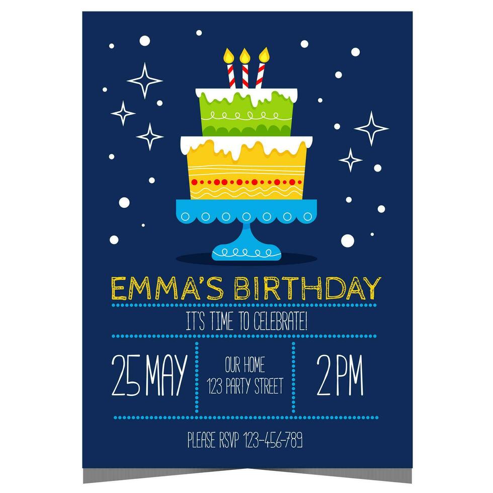 Kids birthday party invitation with big cake and candles on the background. Children's anniversary event card with big cupcake to invite boys and girls to celebrate together in a friendly atmosphere. vector