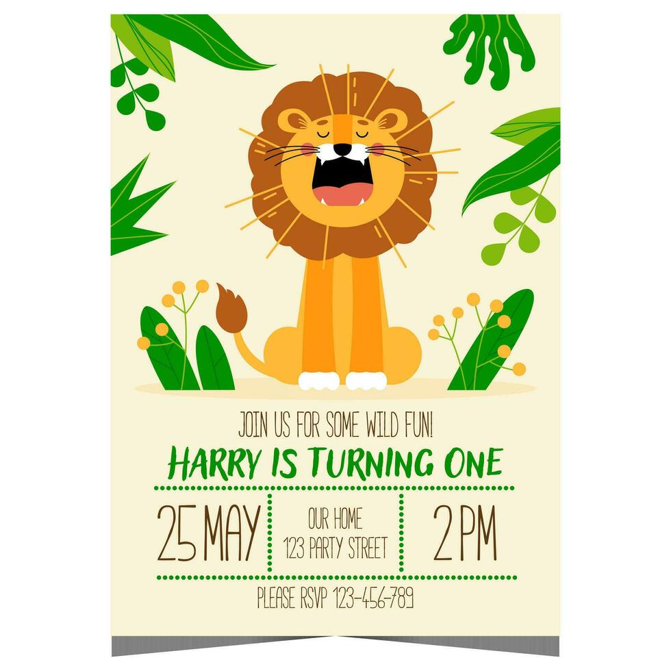 Children's birthday safari party invitation card with a cartoon lion. Kids' party poster, banner or flyer to invite boys and girls to celebrate the birthday in a cheerful Roar atmosphere. vector