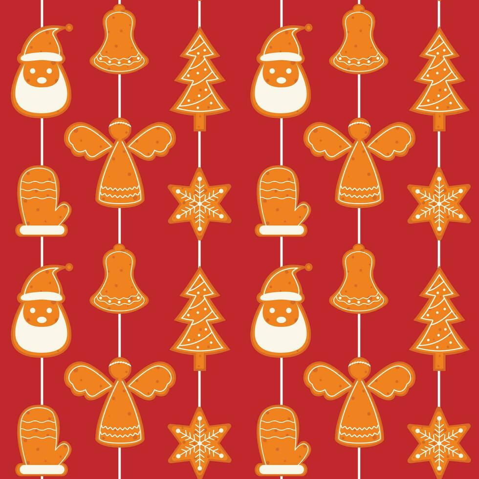 Seamless pattern with gingerbread cookies on a string. Christmas ornament for winter holidays. Gingerbread Santa, Christmas tree, snowflake, angel, mitten, bell. Vector illustration