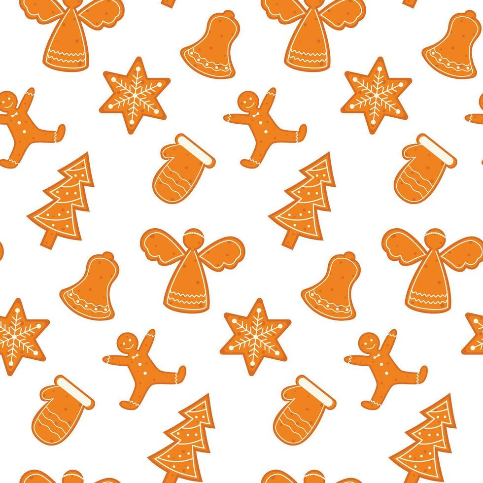 Seamless holiday pattern with gingerbread in Scandinavian style. Design for Christmas and New Year. Pattern for card, wrapping paper, fabric, textile, wallpaper, background. Vector illustration