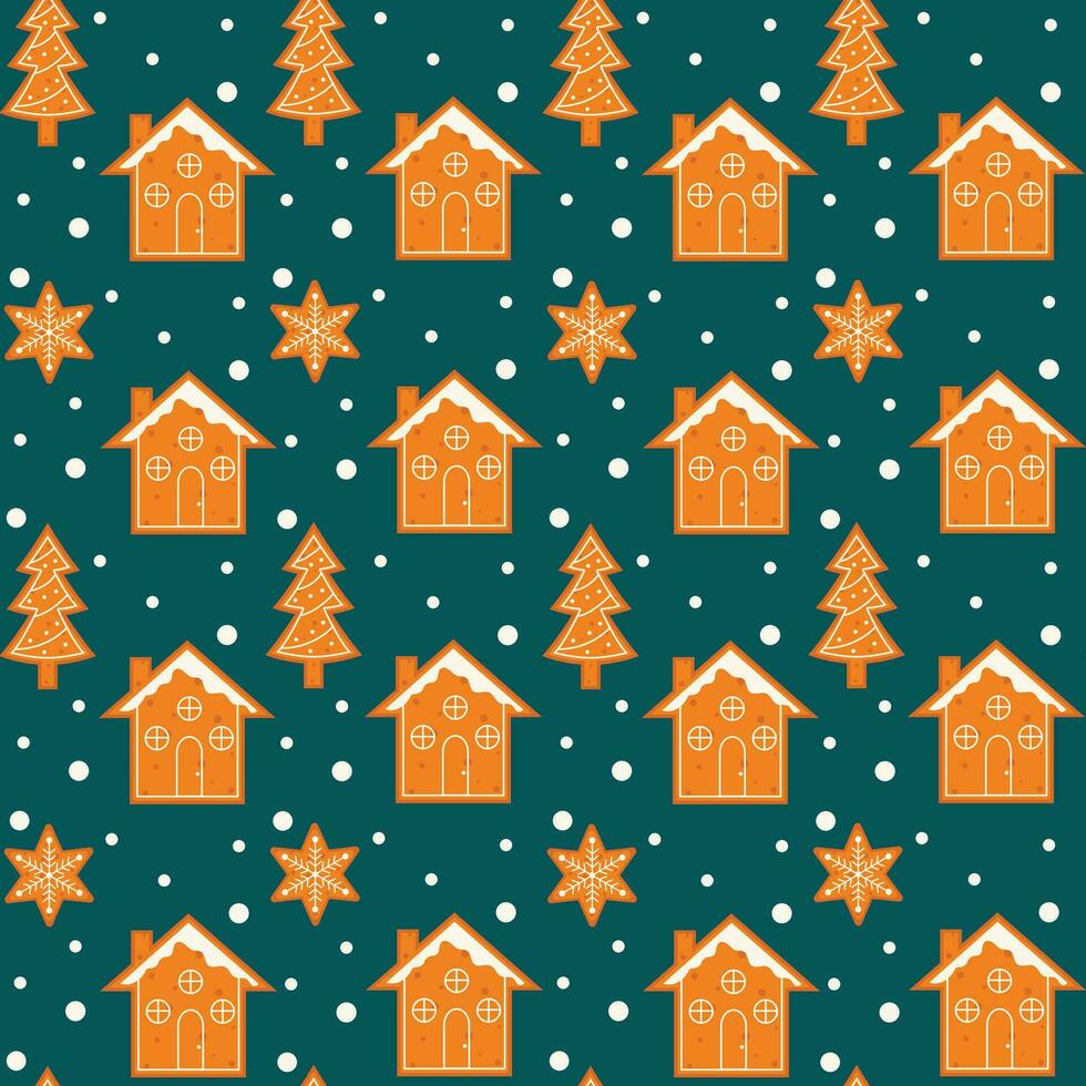 Seamless holiday pattern with gingerbread in Scandinavian style. Design for Christmas and New Year. Pattern for card, wrapping paper, fabric, textile, wallpaper, background. Vector illustration