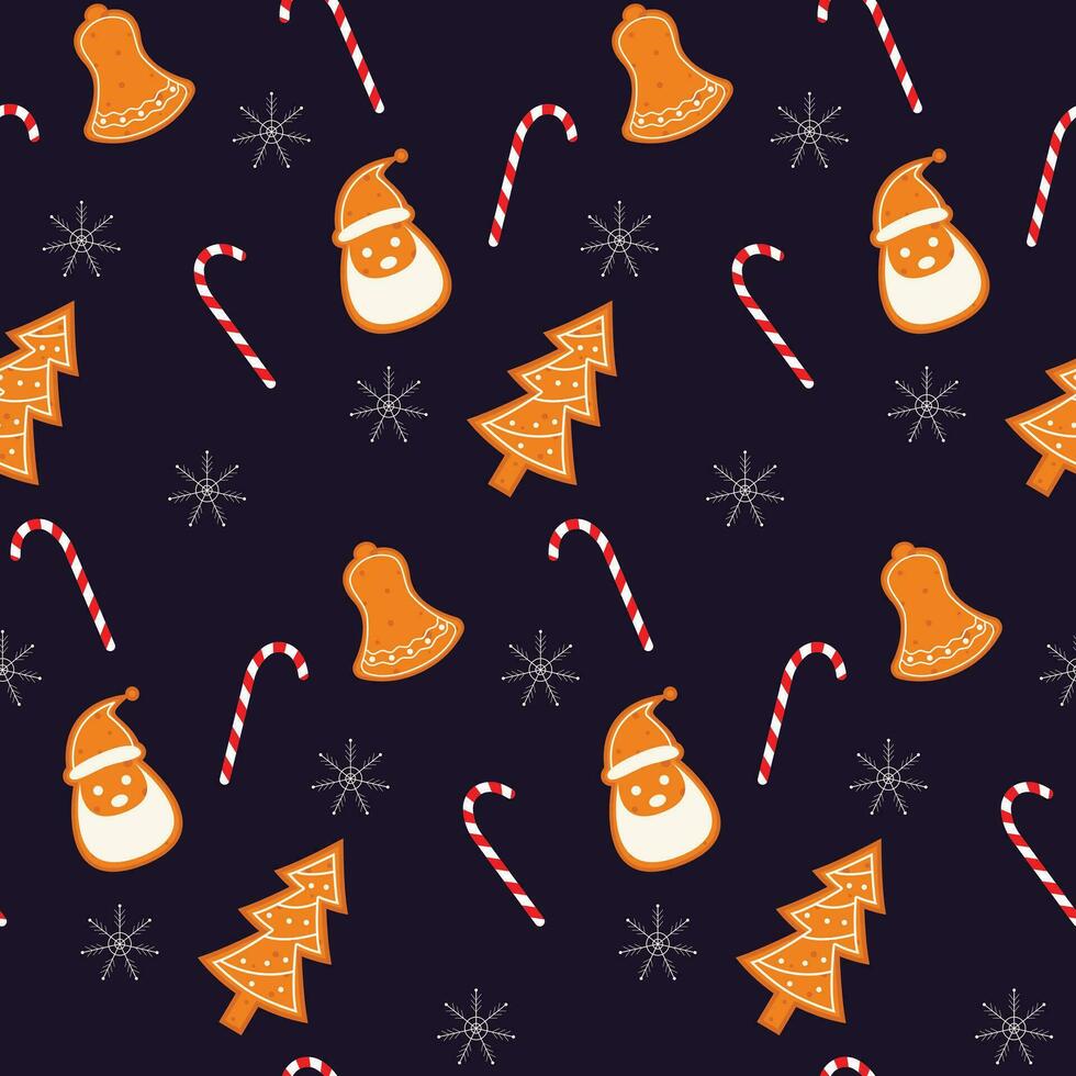 Seamless holiday pattern with gingerbread, candy canes and snowflakes in Scandinavian style. Design for Christmas and New Year. Pattern for card, wrapping paper, fabric, textile, wallpaper, background vector